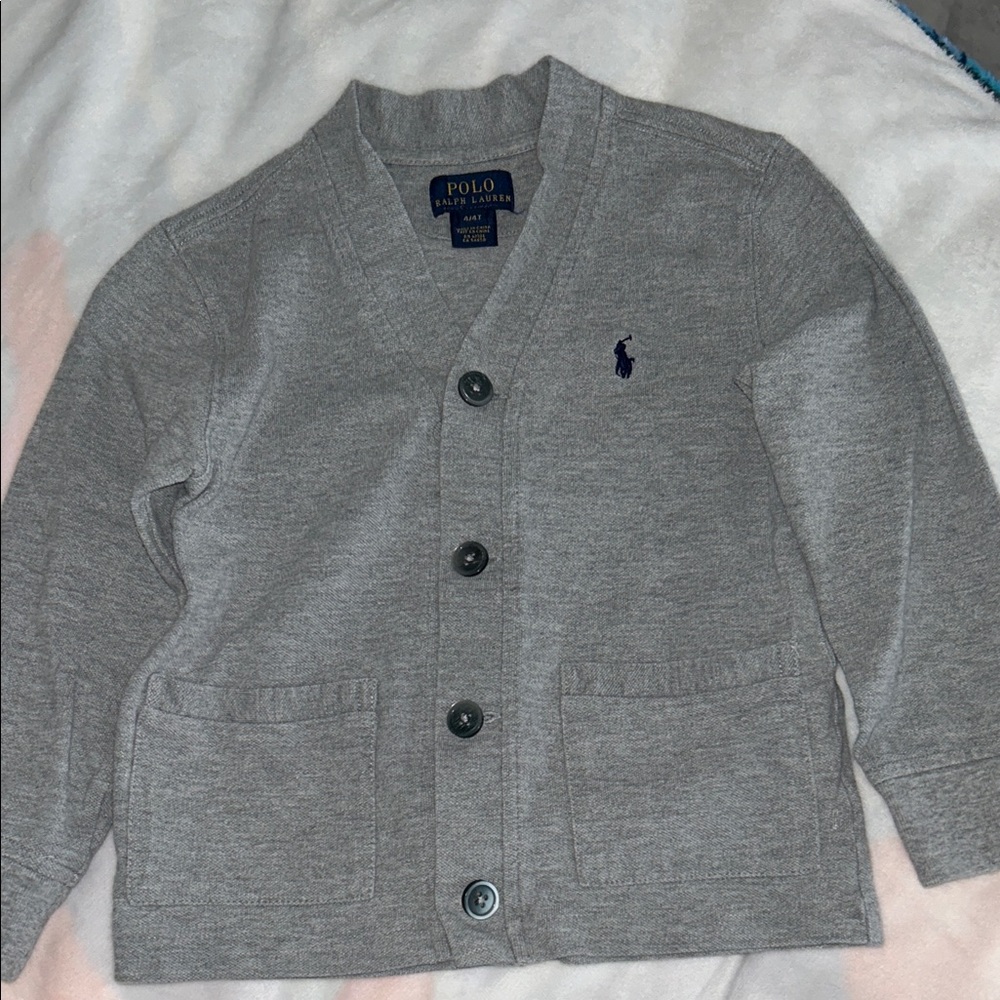 Polo by Ralph Lauren Toddler Heather Gray V-Neck Cardigan with Navy Pony 4/4T